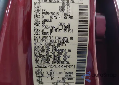 2004 Nissan Frontier Xe-V6 from USA, damaged, VIN 1N6ED27Y54C449371